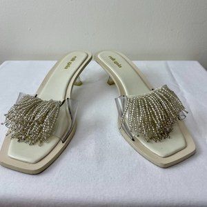 CULT GAIA - UMA SANDAL , White/ Clear beaded kitten heel